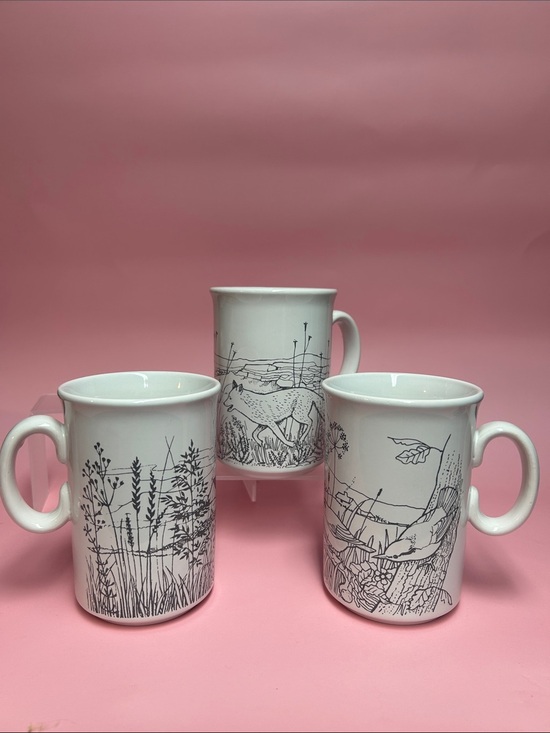 Other - White Ceramic Mug with Black Nature Illustration - Set of 3
